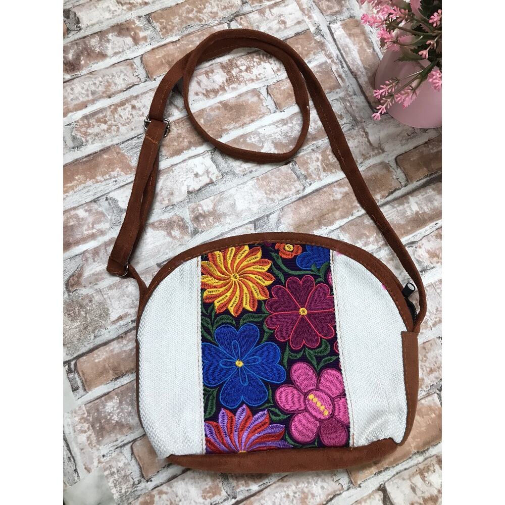 Embroidered Floral Crossbody Bag in Brown, White and Multicolor